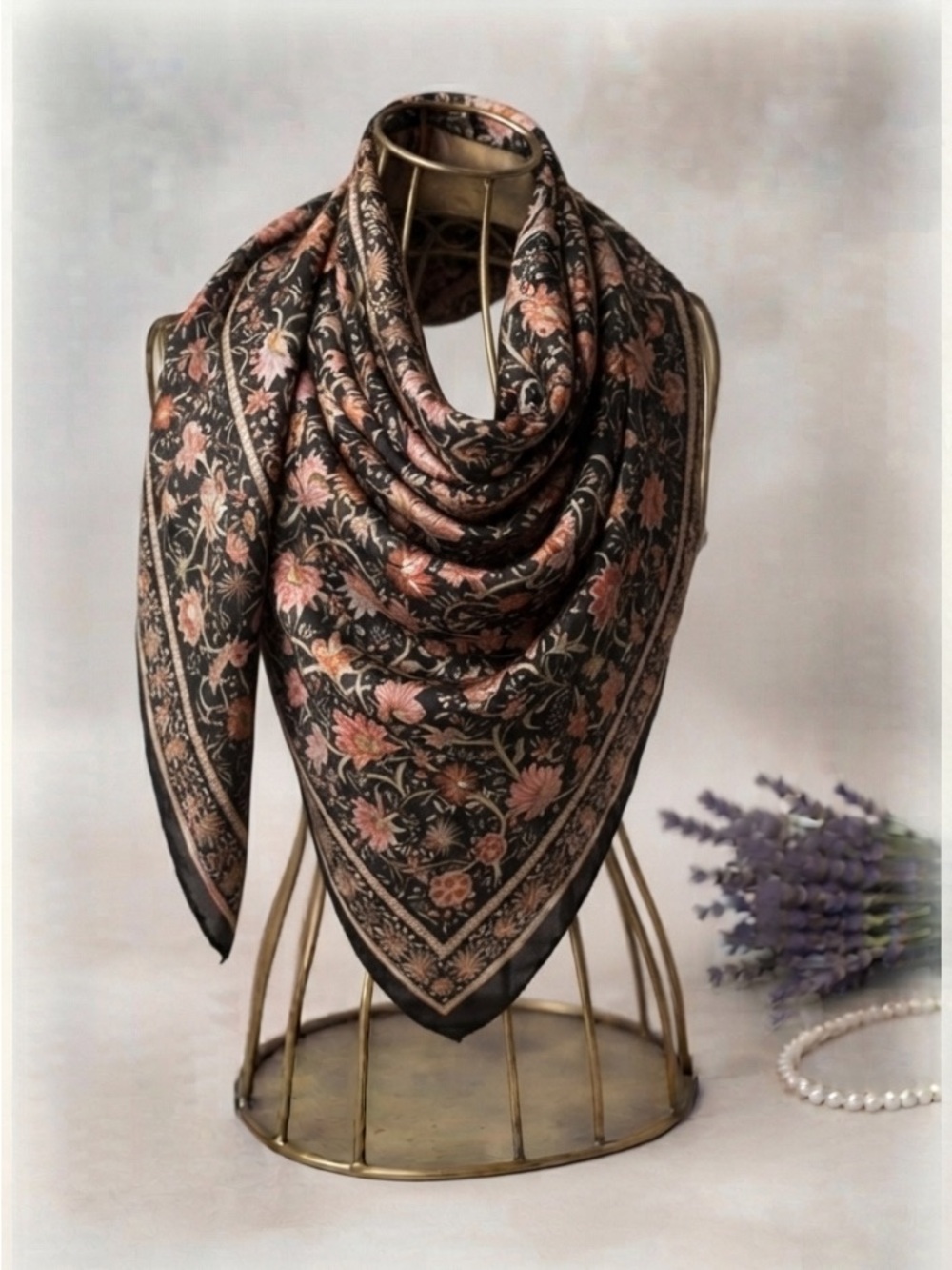 Luxurious Black Silk Wrap with Intricate Design